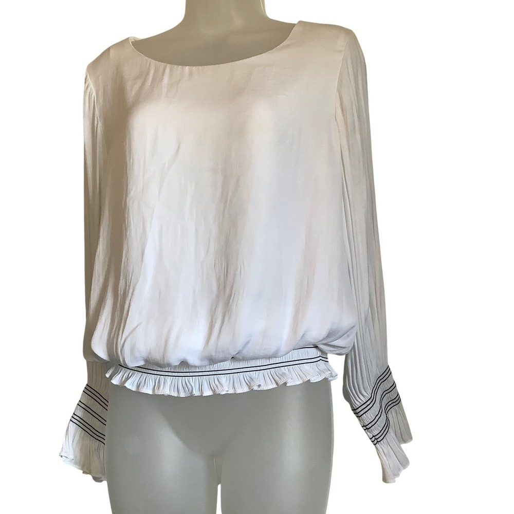 Alfani Womens White Smocked Hem Blouse Long Sleeve Ruffle Cuff Top PL Petite L